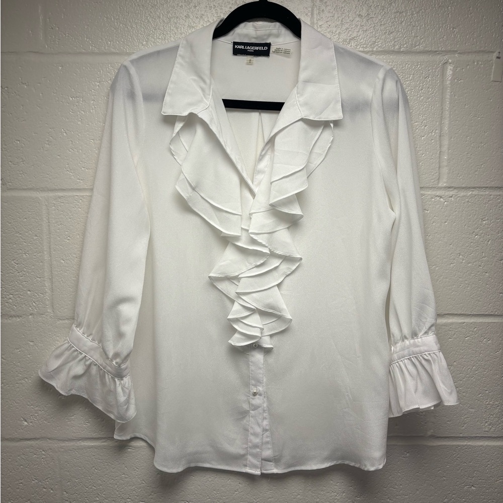 Karl Lagerfeld Paris White Ruffle Blouse Pearl Buttons 3/4 Sleeve Size Medium